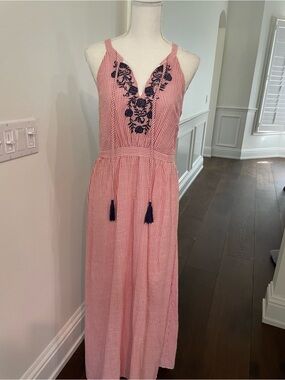 THML Pink and Navy Embroidered Striped Maxi Dress